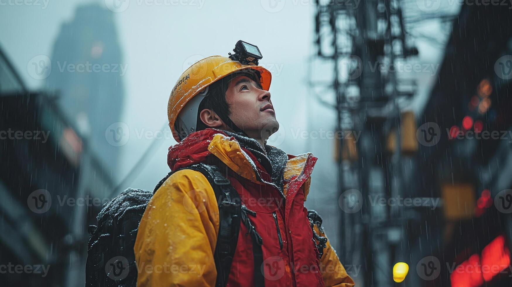 Field engineer in yellow helmet and red jacket looks up at cell tower in rain, showcasing determination and focus in challenging environment photo