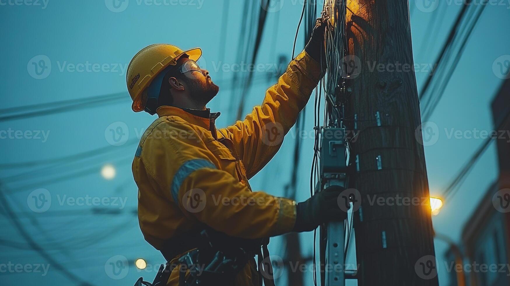 Electrician on ladder working on power pole wires at night, wearing safety gear and helmet, focused on task. scene conveys dedication and professionalism photo
