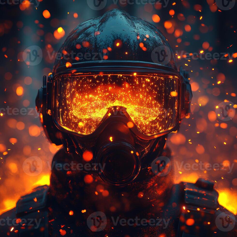firefighter in protective suit stands amidst glowing embers, showcasing bravery and resilience. intense heat and fiery backdrop create dramatic atmosphere photo