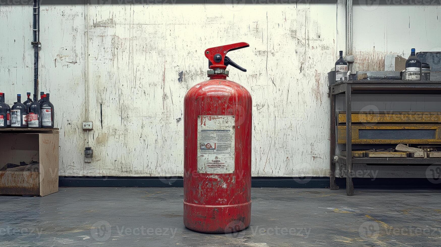 red fire extinguisher stands prominently on worn floor, surrounded by workshop environment. Its presence emphasizes safety and preparedness in industrial settings photo