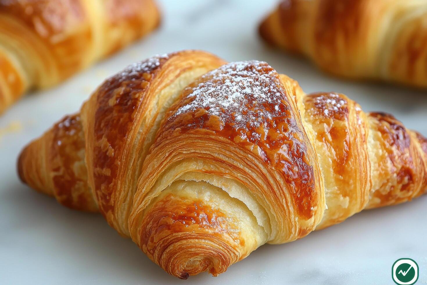 Golden brown croissant with flaky layers and dusting of powdered sugar, perfect for breakfast or delightful snack. Enjoy its buttery texture and rich flavor photo