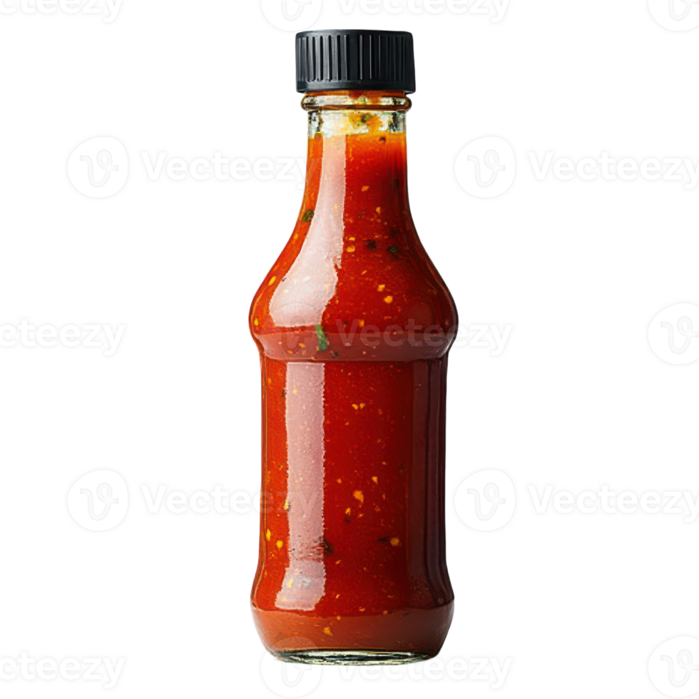 Vibrant red chili sauce in a glass bottle on a plain backdrop png