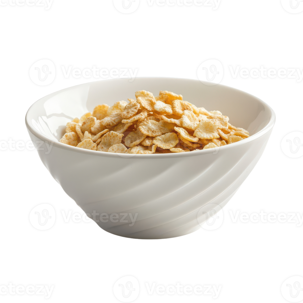 Freshly poured crunchy cereal in a stylish white bowl png