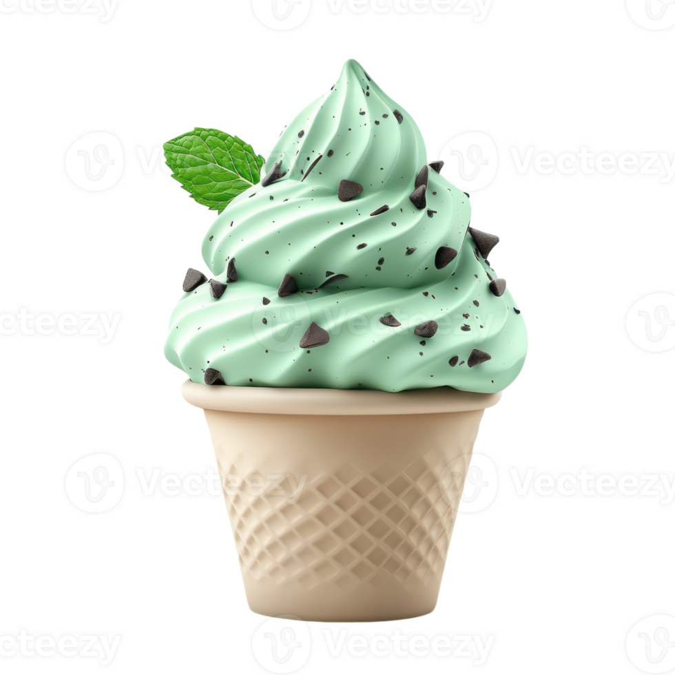Mint chocolate chip ice cream in a waffle cone on display png