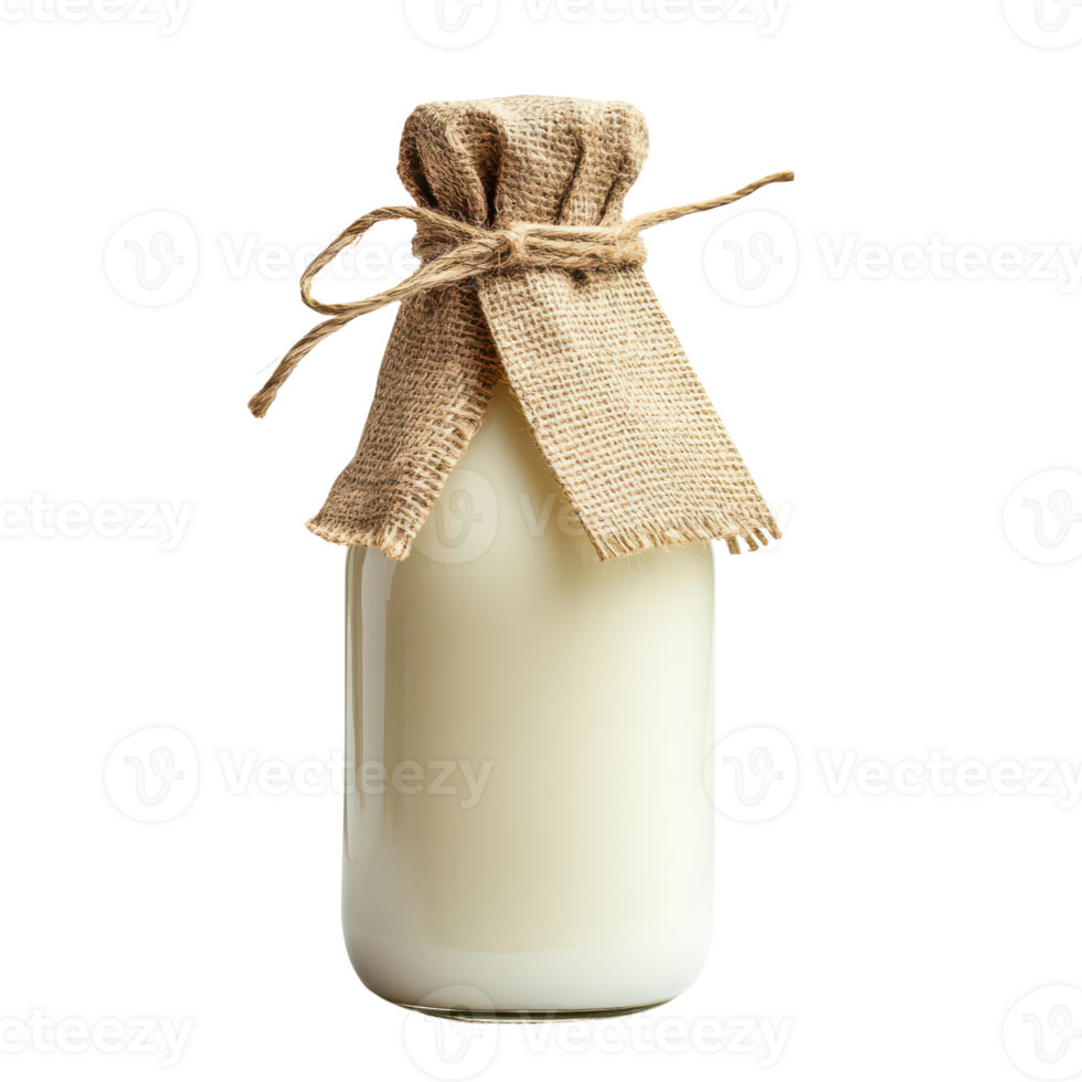 Freshly poured milk in a rustic glass bottle with burlap cover png