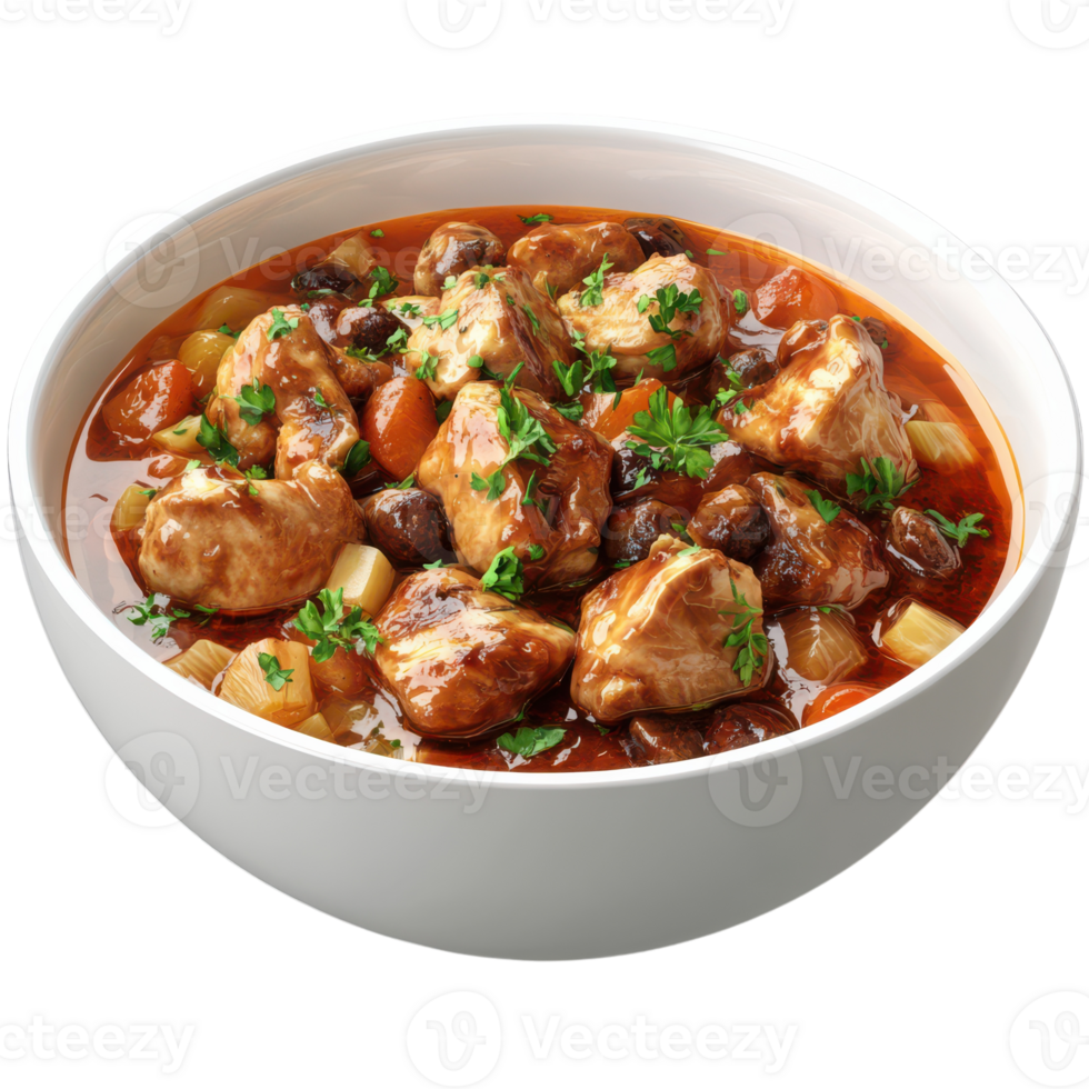Hearty chicken stew filled with vegetables in a cozy bowl png