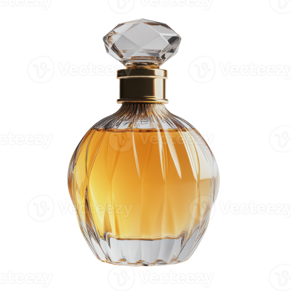 Elegant crystal bottle of perfume with golden liquid and diamond cap png