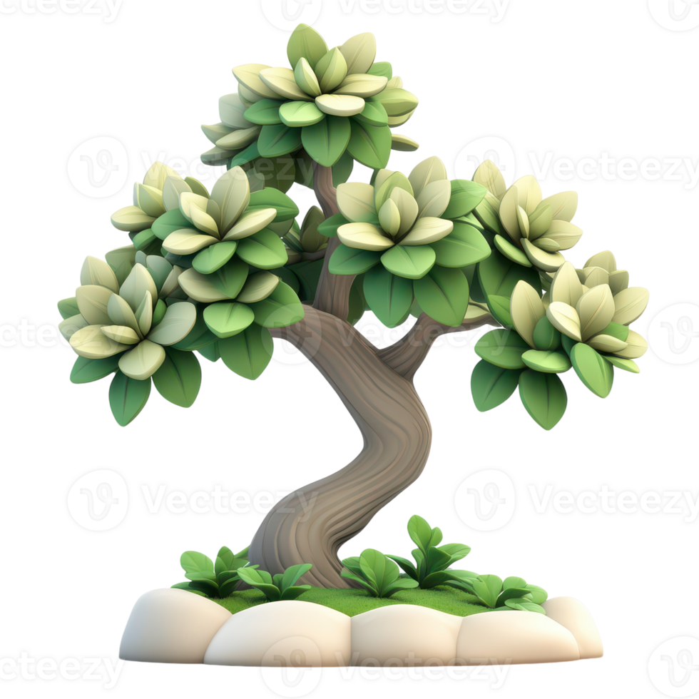 Whimsical bonsai tree with lush leaves in serene setting png