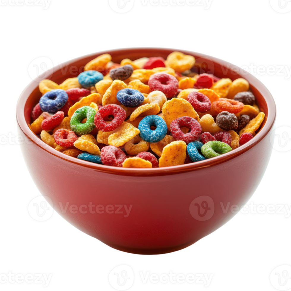 Colorful cereal bowl filled with crunchy breakfast treats png