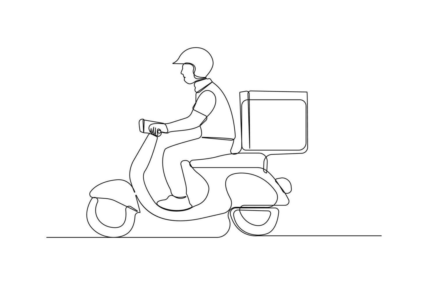 Continuous line art drawing of delivery man riding a scooter. Delivery man continuous outline . vector