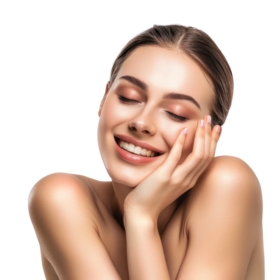 Young woman with makeup and hand touch her face and perfect skin, png