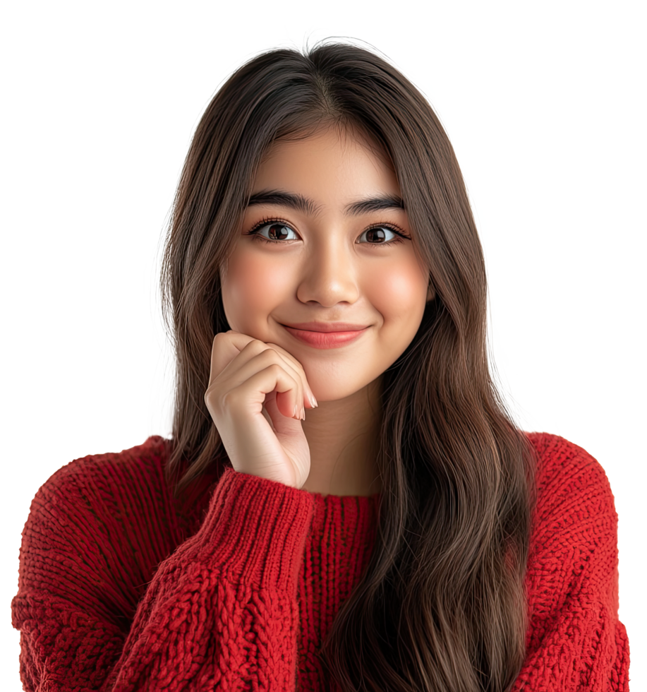 Portrait of a beautiful Asian young woman wearing a red Christmas sweater, Happy expression and appears to be thinking, png