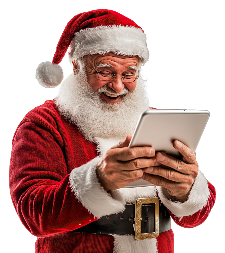 Santa Claus old man happy smiling using tablet computer, png