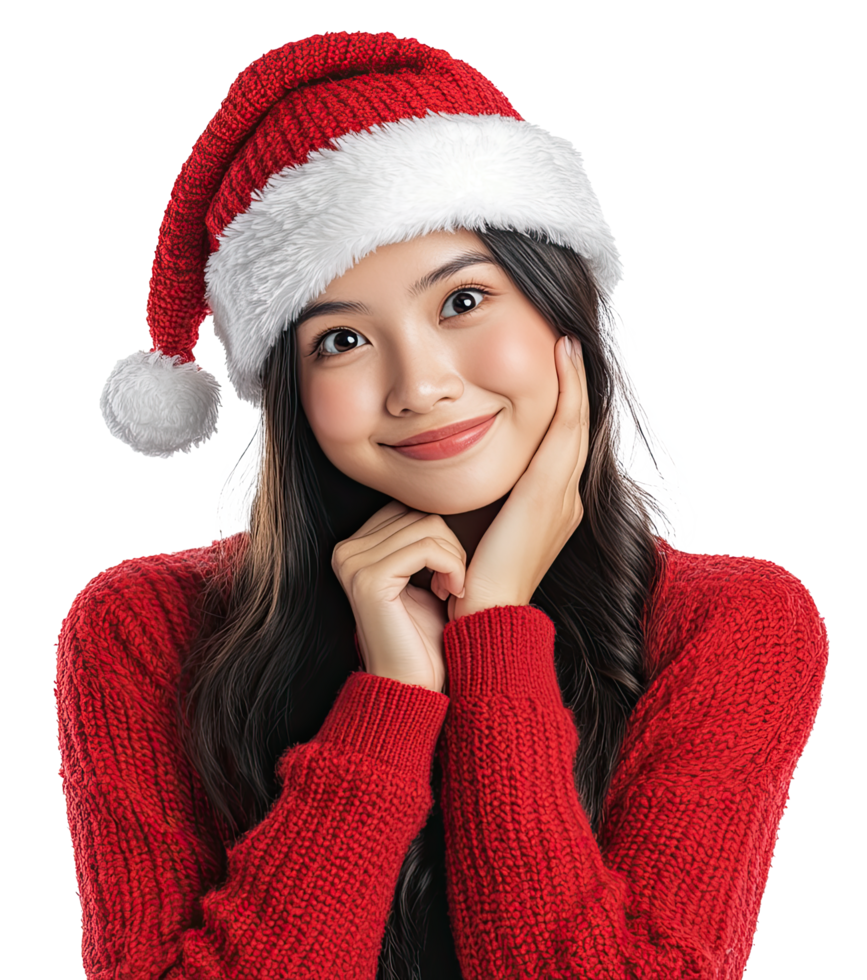 Portrait of a funny Asian woman wearing a Santa hat, winking and looking at the camera while touching her chin, png