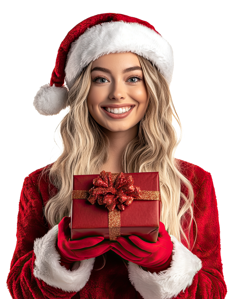 Woman santa hat with holding christmas gift box png