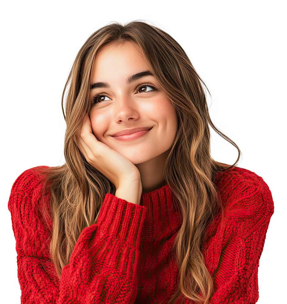 Portrait woman wearing a red Christmas sweater, Happy expression to be thinking png
