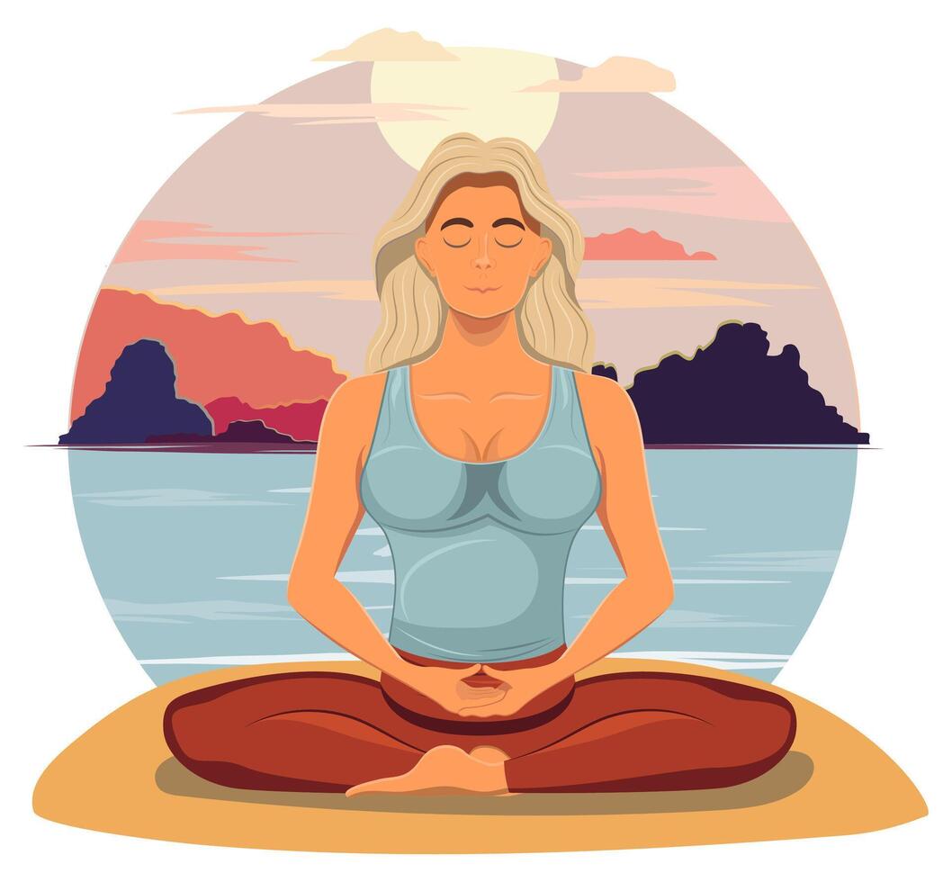 young woman sitting in yoga pose meditating cartoon illustration isolated on white background vector