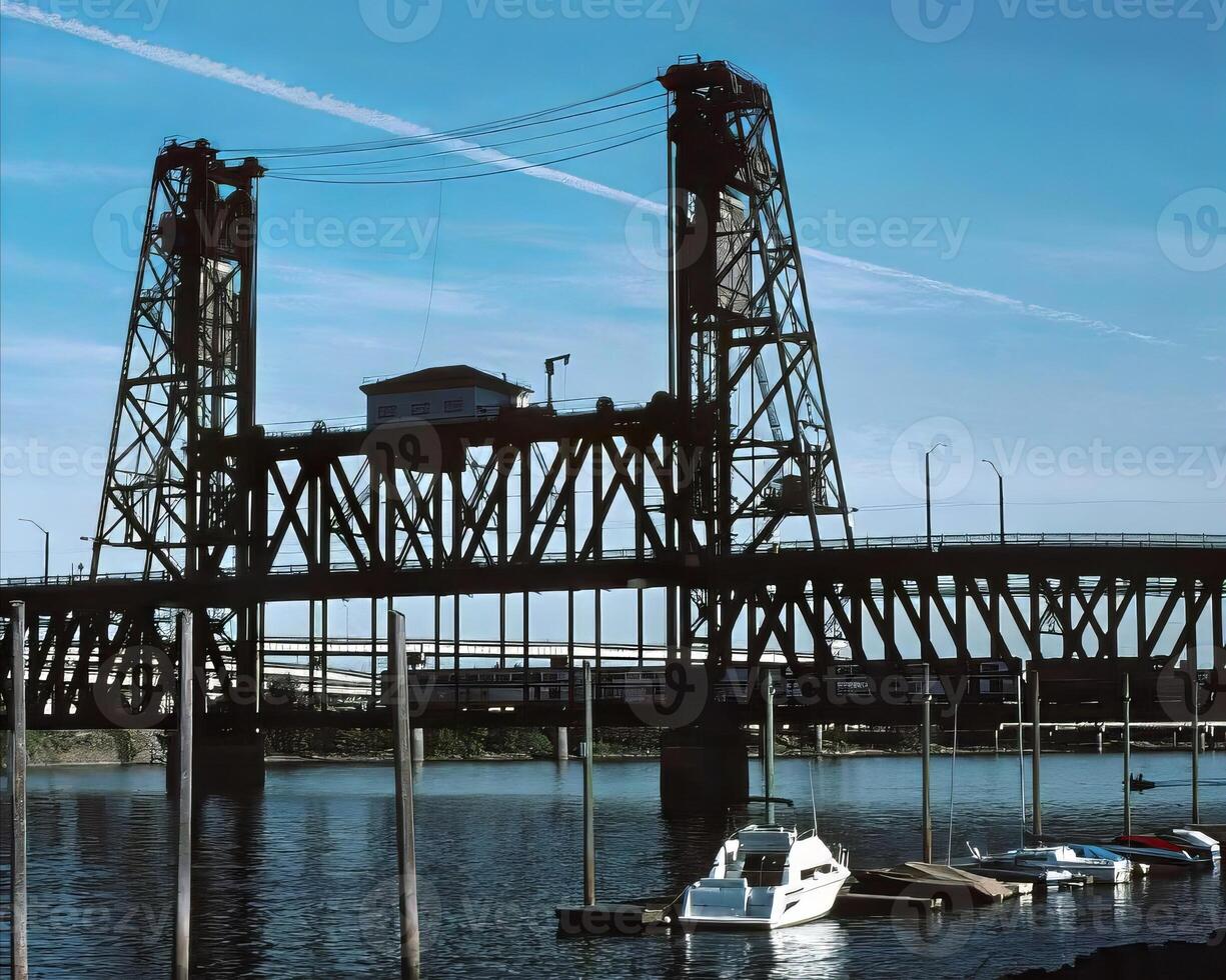 Serene Lakeside Scene Featuring a Boat Under a Cloudy Sky Near a Girder Bridge photo