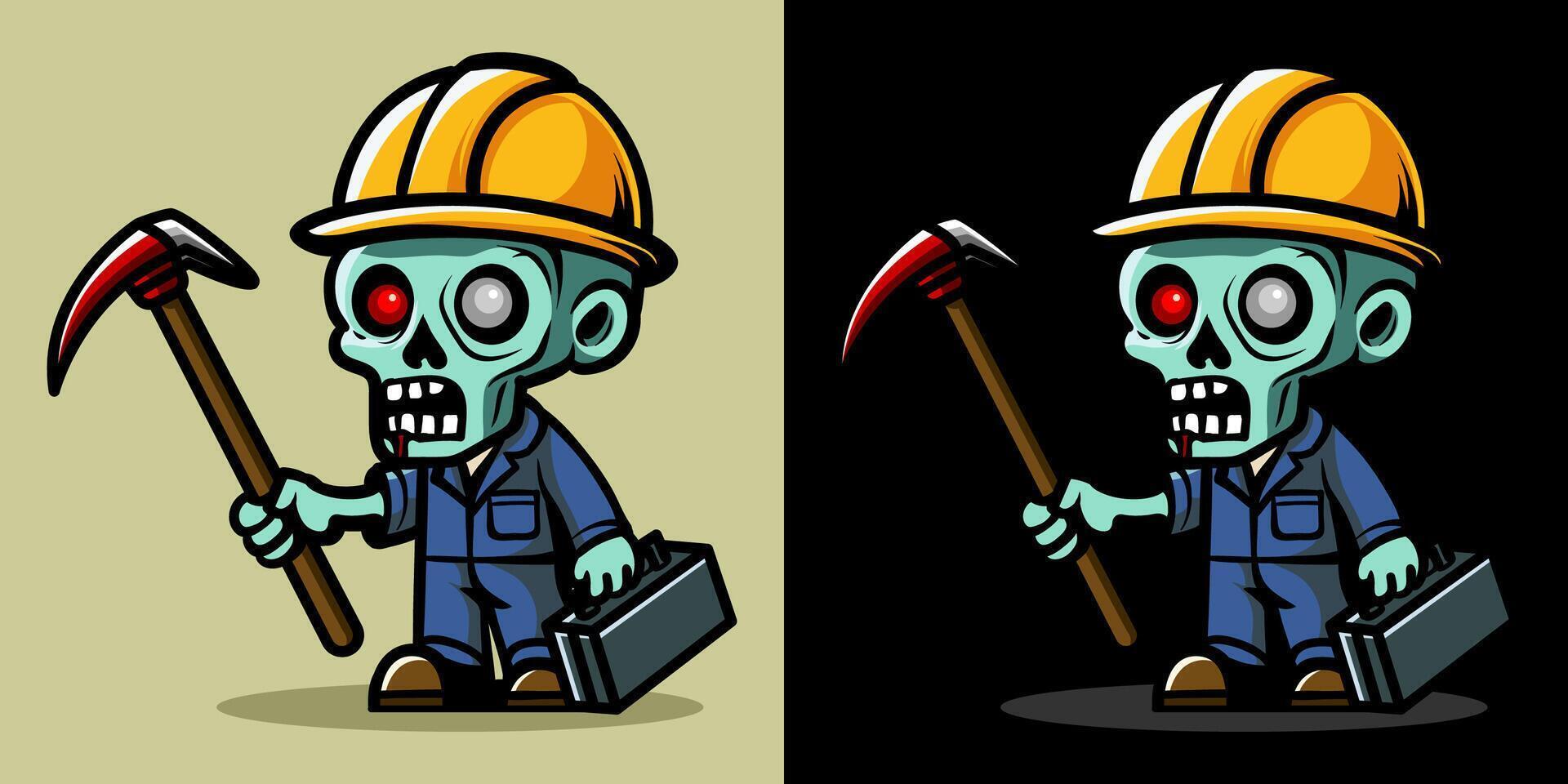 Worker holding digger. An illustration of zombie construction worker. Horror and spooky element. Halloween element design. Isolated on clear background. Eps 10. vector