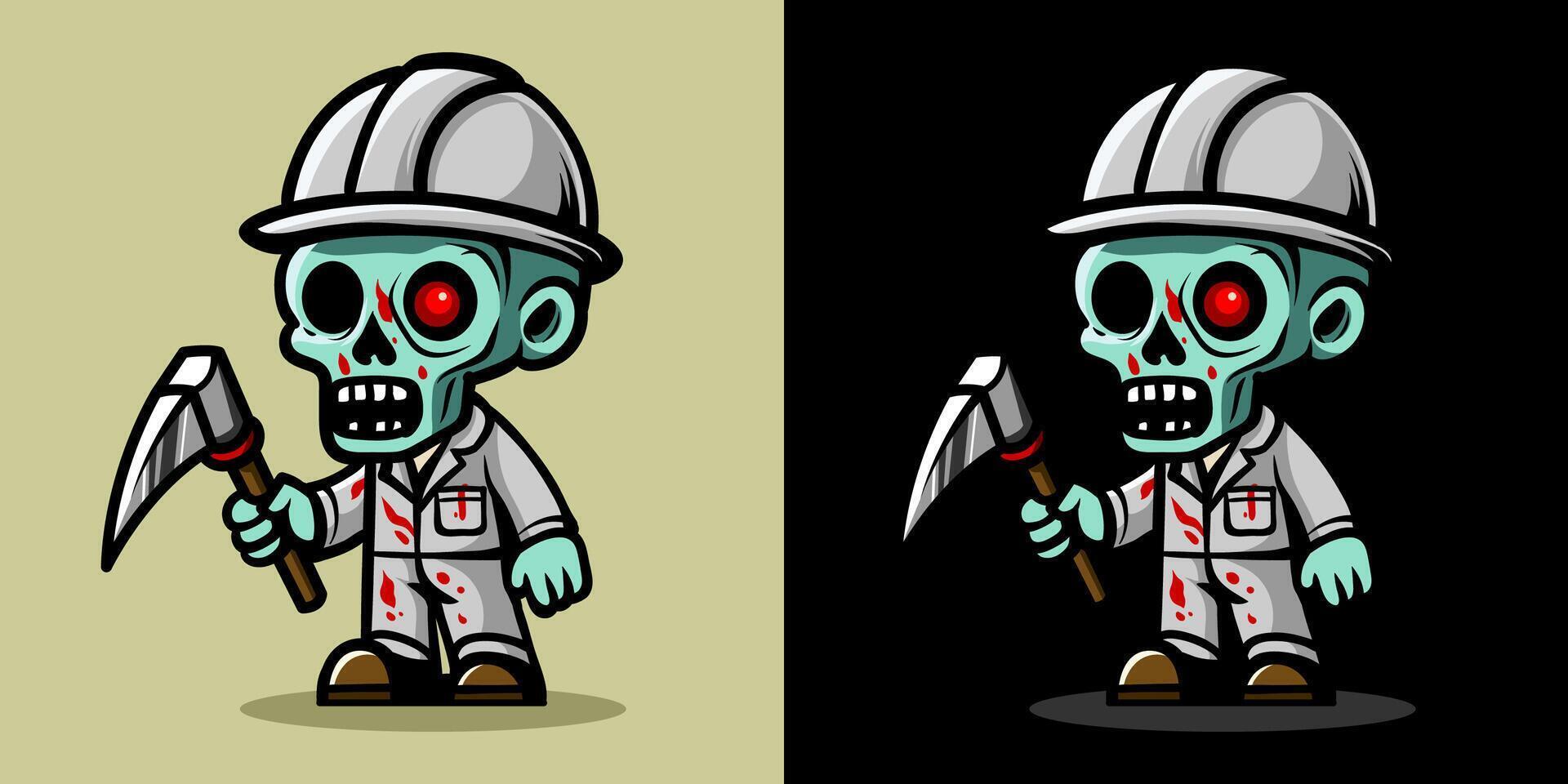 Worker holding digger in white. An illustration of zombie construction worker. Horror and spooky element. Halloween element design. Isolated on clear background. Eps 10. vector