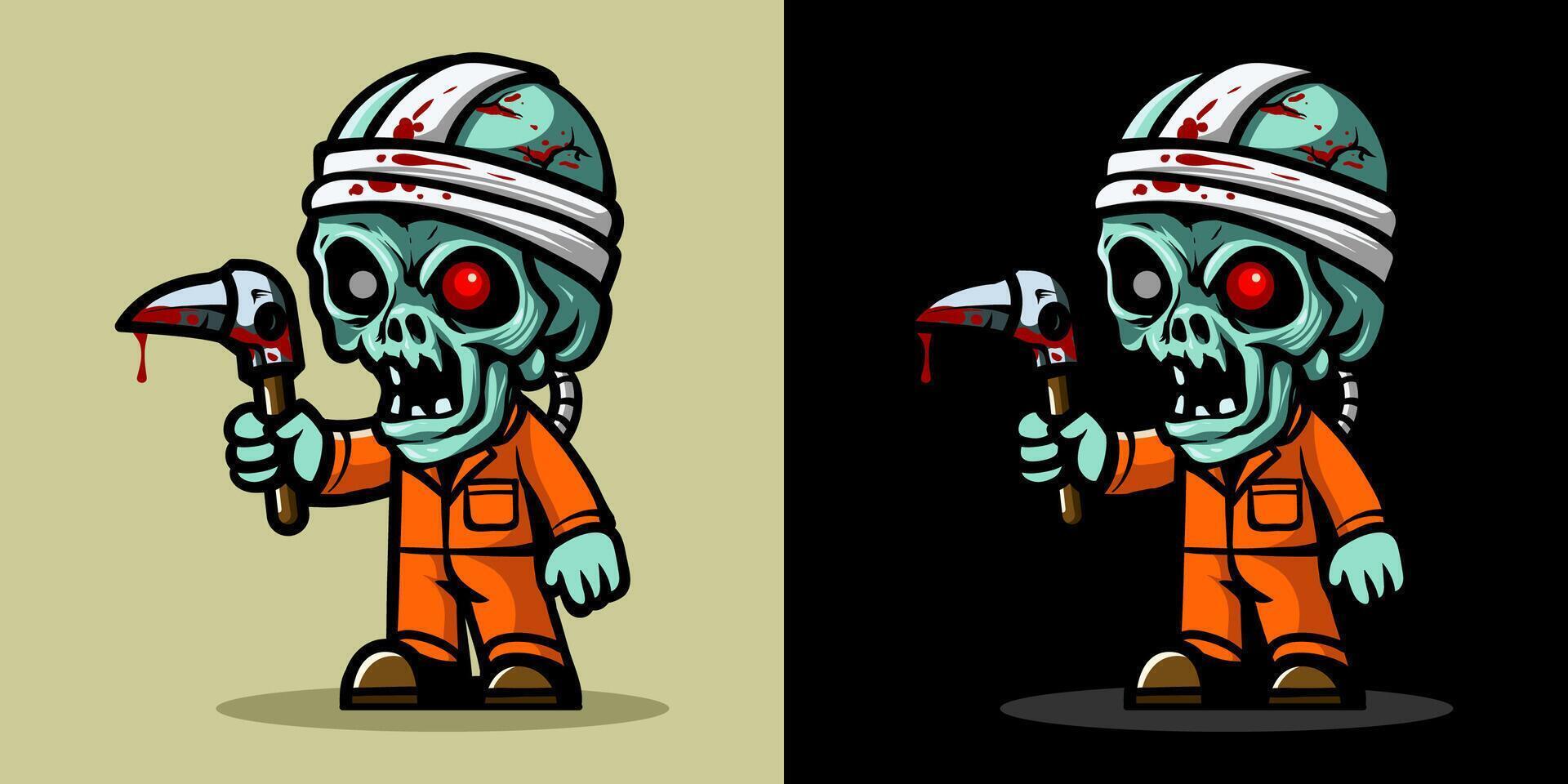 Skull zombie worker holding digger. An illustration of zombie construction worker. Horror and spooky element. Halloween element design. Isolated on clear background. Eps 10. vector