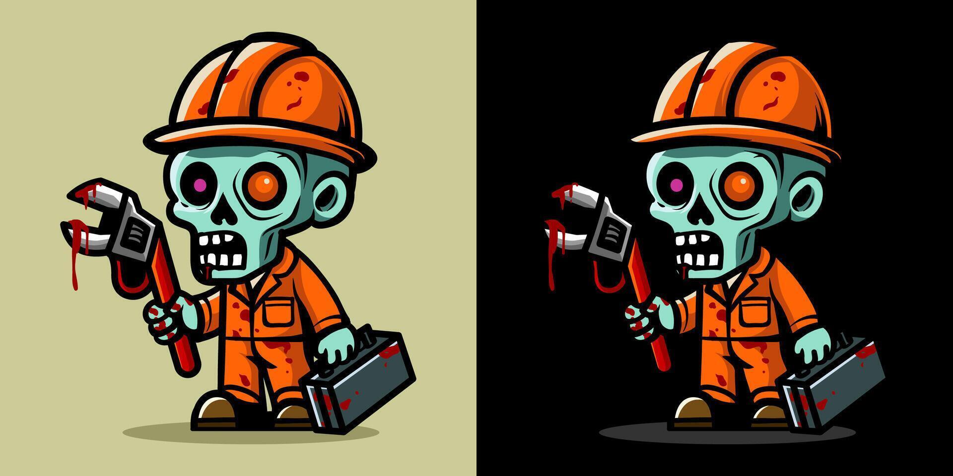 Worker holding wrench and briefcase. An illustration of zombie construction worker. Horror and spooky element. Halloween element design. Isolated on clear background. Eps 10. vector
