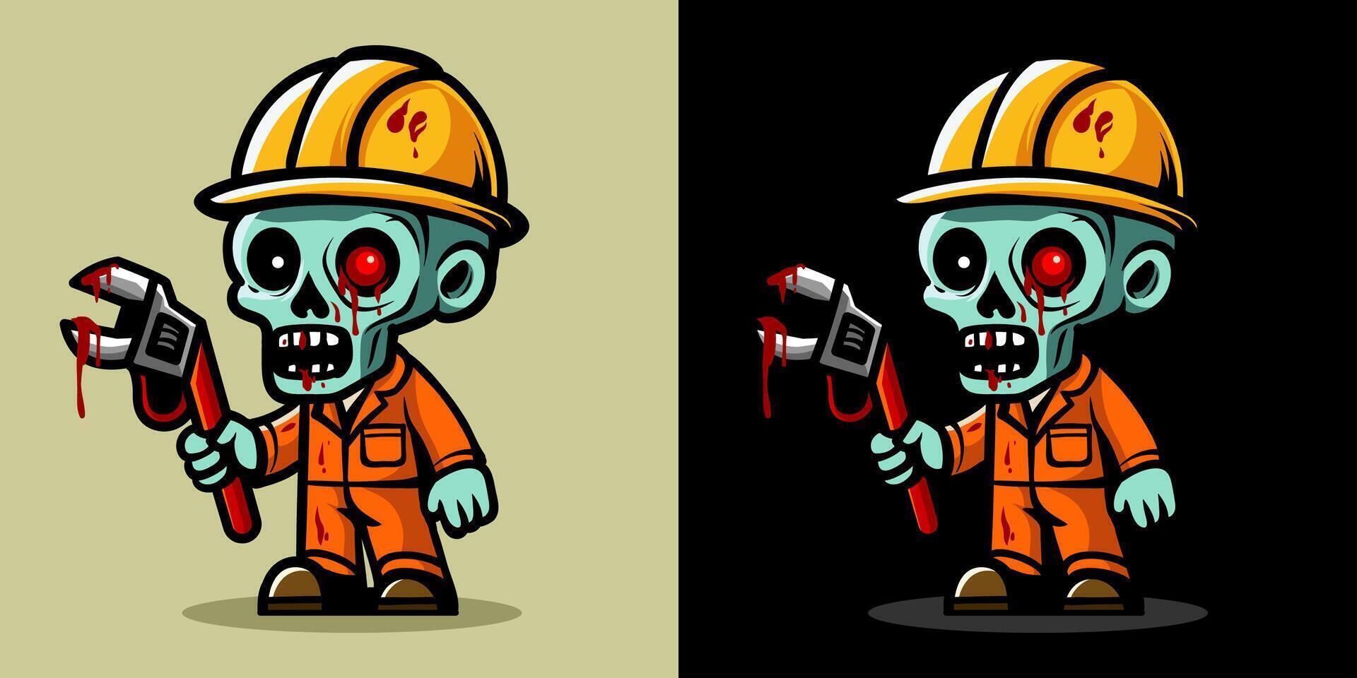 Worker holding wrench in orange. An illustration of zombie construction worker. Horror and spooky element. Halloween element design. Isolated on clear background. Eps 10. vector