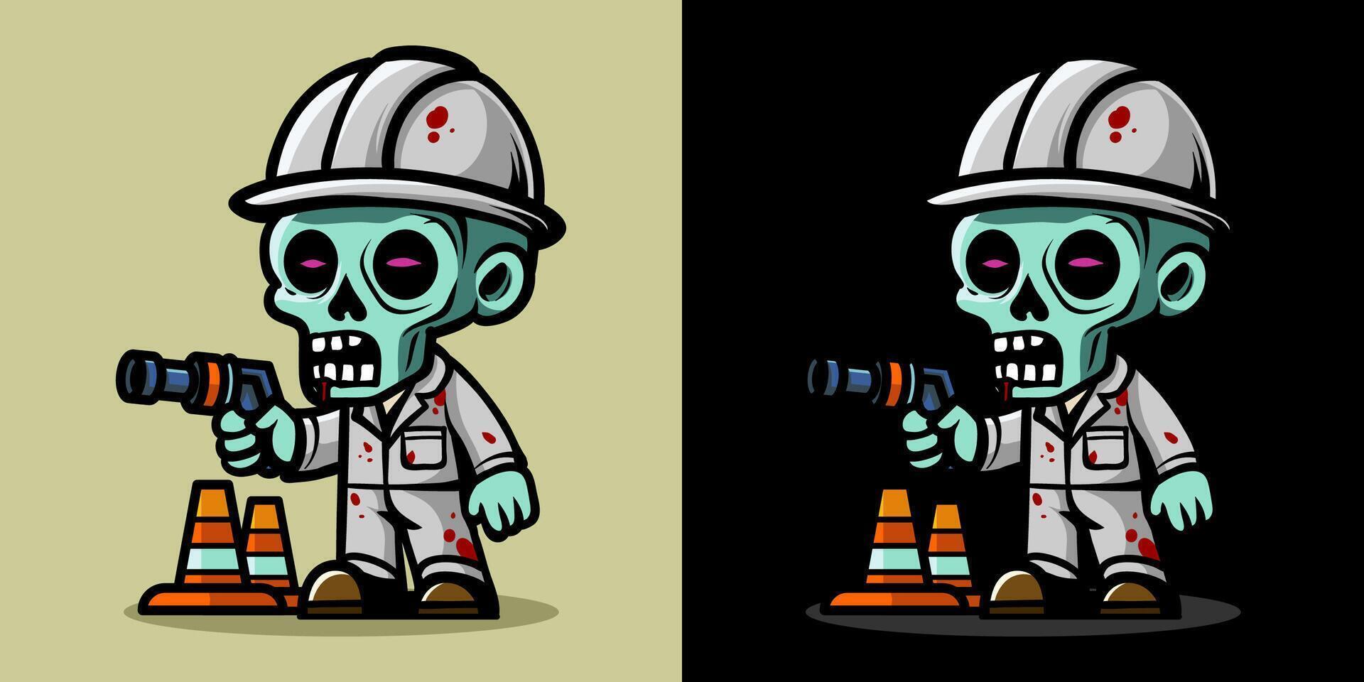 Worker holding nail gun. An illustration of zombie construction worker. Horror and spooky element. Halloween element design. Isolated on clear background. Eps 10. vector