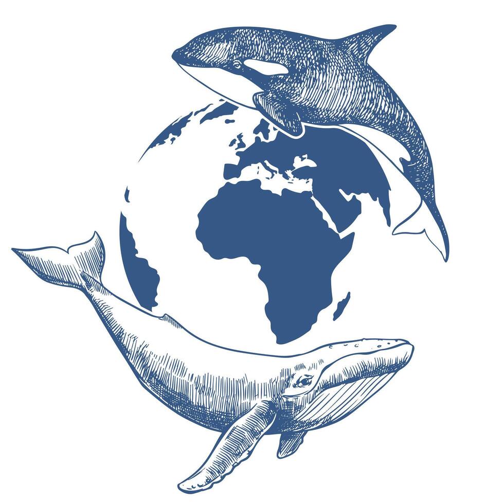 emblem for Whale Day or Ocean Day. Line drawing of killer whale and humpback whale against the background of planet Earth. Concept of conservation of nature and diversity of marine mammals. vector