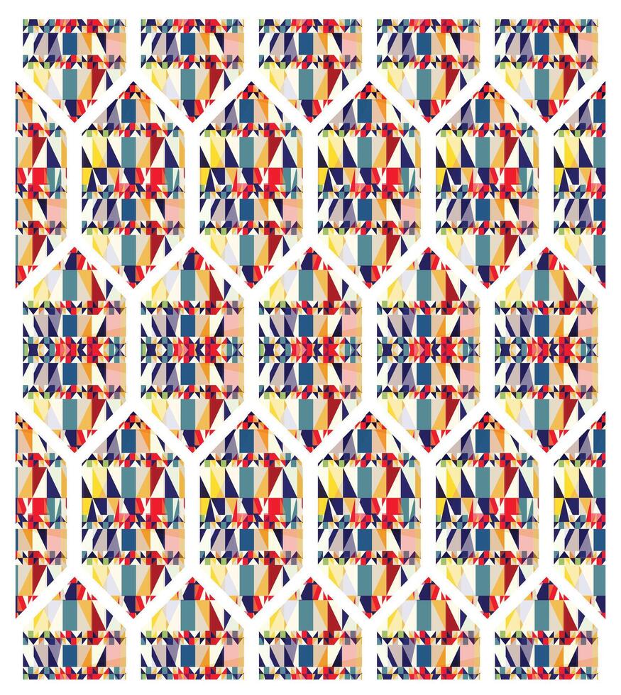 Abstract geometric seamless print pattern with colorful triangles inside hexagonal frames on a white background, creating a dynamic and visually appealing pattern. vector