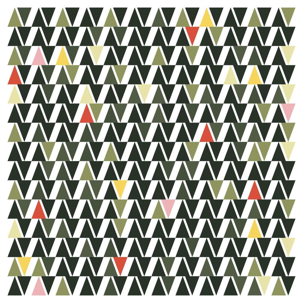 Seamless triangular print, pattern of black triangles with occasional colored triangles interspersed. vector