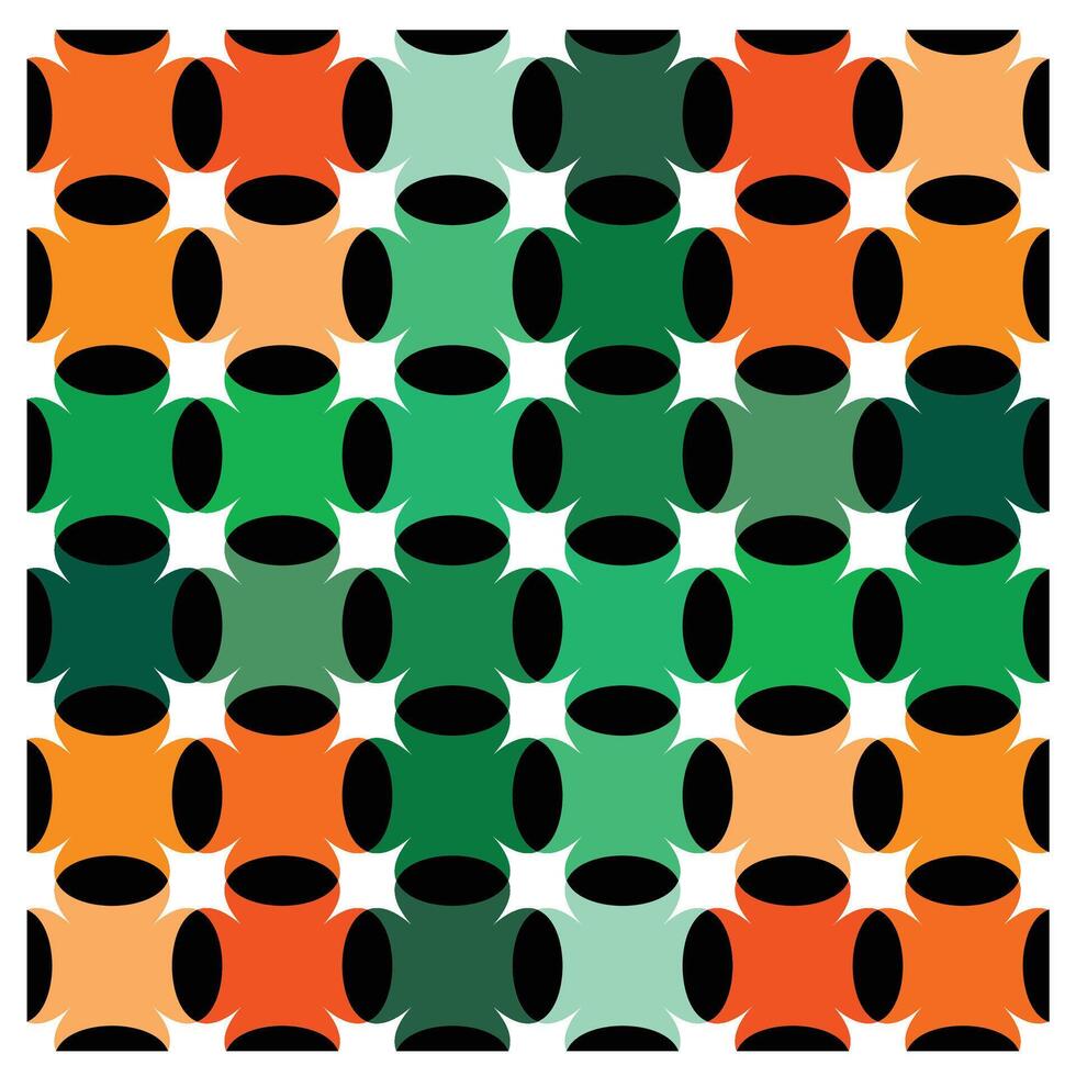 Geometric pattern with repeating orange, green, and black abstract shapes. vector