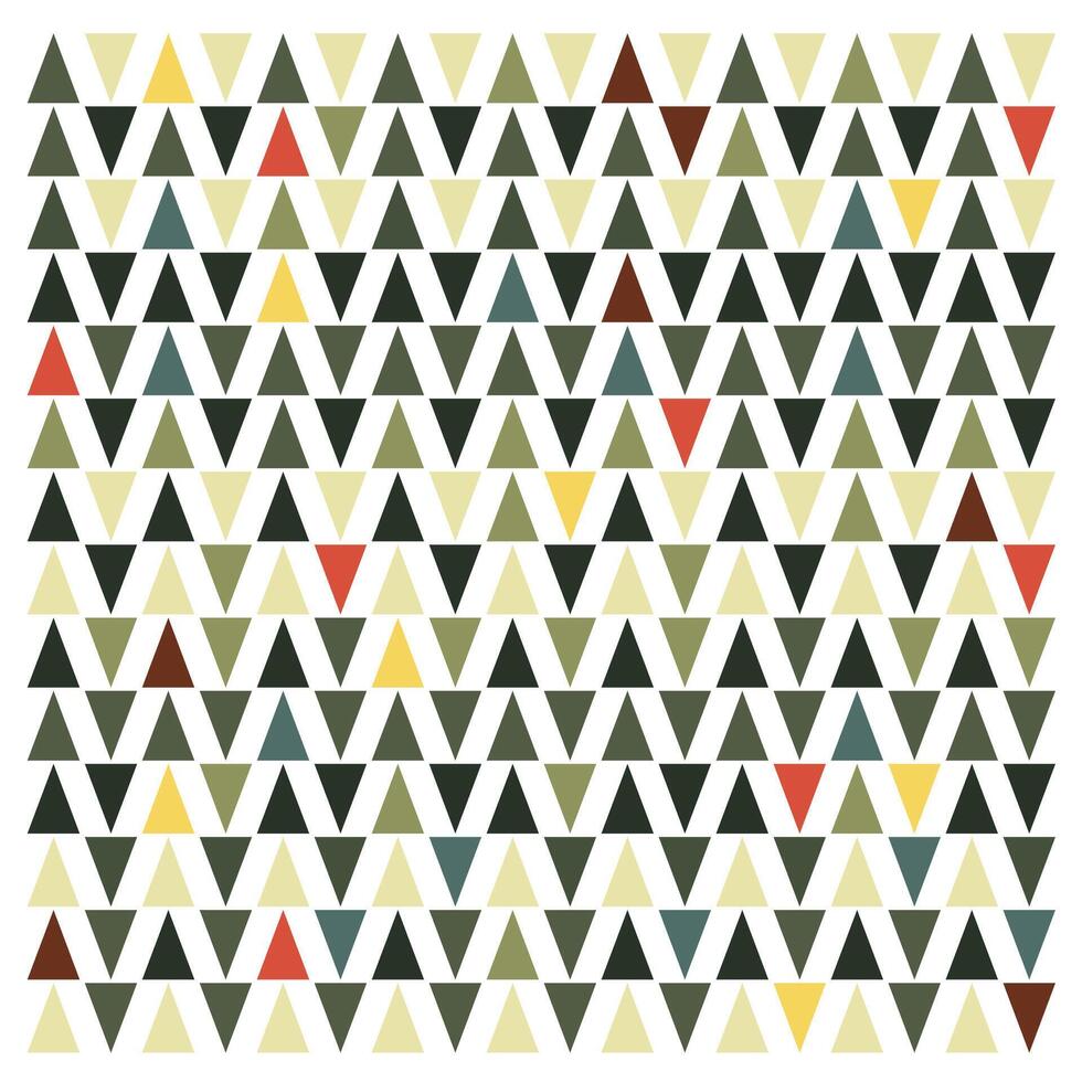 Seamless colorful triangular print, pattern of black triangles with occasional colored triangles interspersed. vector