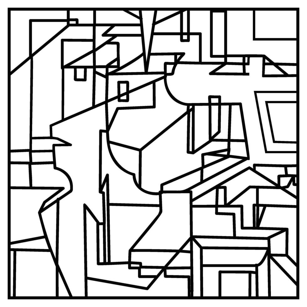 Abstract black and white line art with interlocking geometric shapes, Engaging abstract coloring pages for adults, filled with unique designs that inspire creativity and provide a calming experience. vector