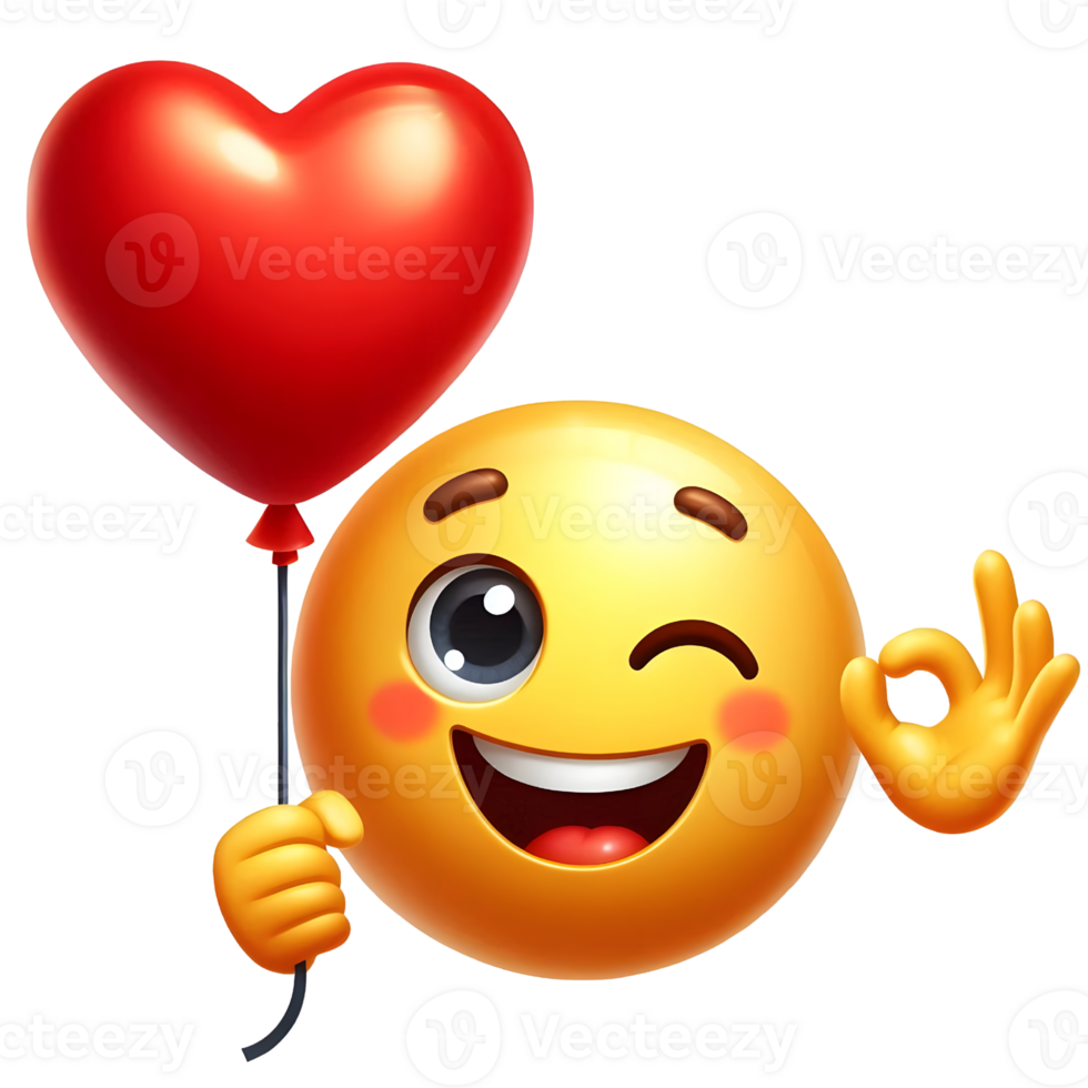 Emoji with a heart-shaped balloon in one hand, winking and smiling for valentines day on transparent background png