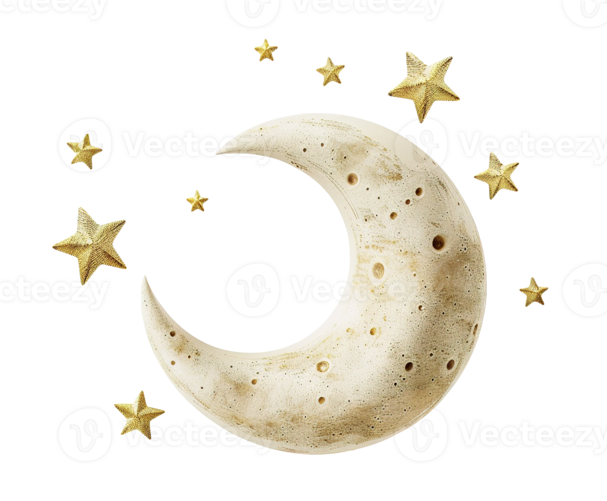 Beige crescent moon surrounded by shimmering stars, on transparent background. Ideal for use in dream-themed designs, nursery decor, nighttime illustrations. Cut out sky elements. png