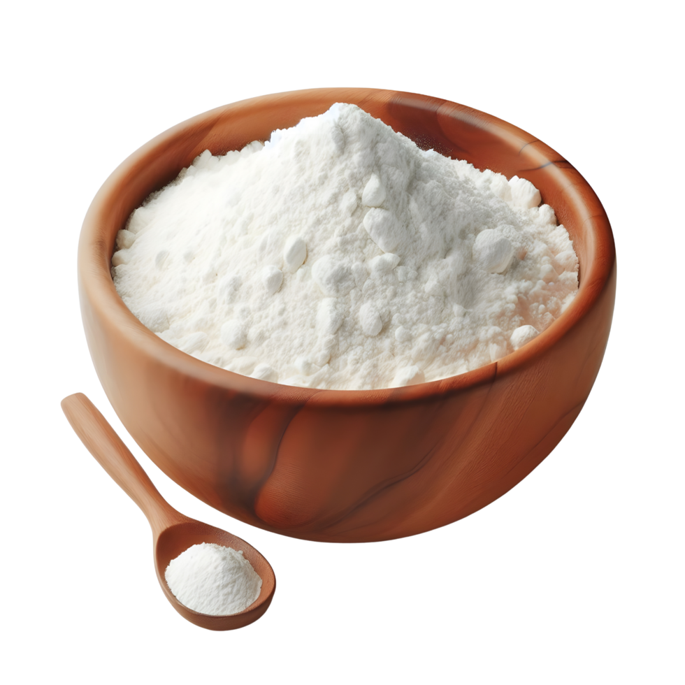 A bowl of white powder and a spoon png