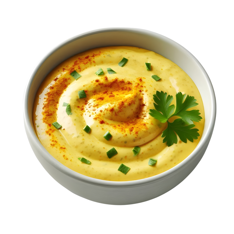 Curry yogurt dip in a white bowl on transparent background png