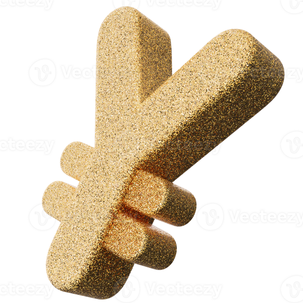 Golden glittered yen currency symbol, on transparent background. png