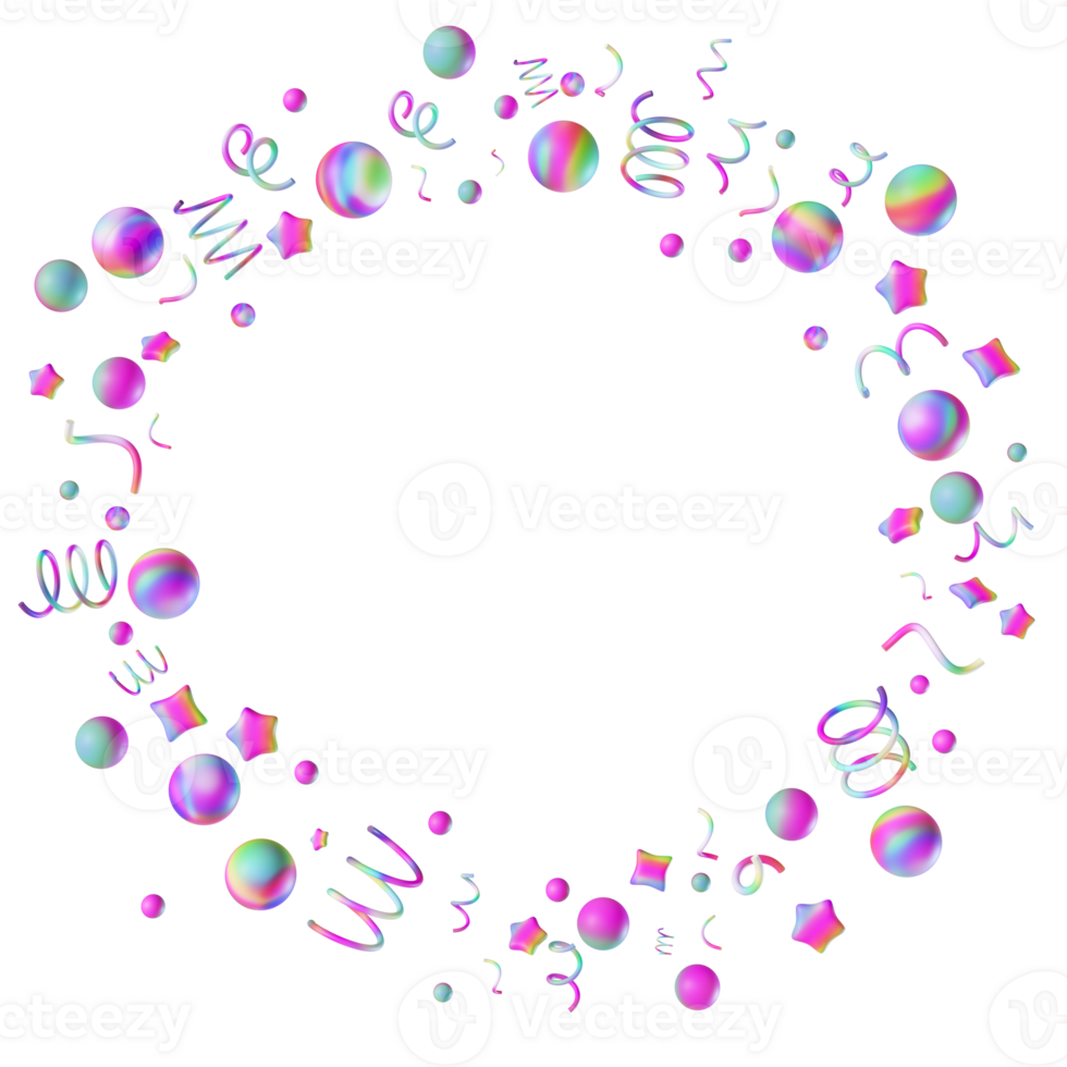 Circle with rainbow confetti on transparent background. Empty, copy space in the middle. Vibrant playful design element, round frame or border. Birthday party, event for kids. Y2k style. 3D render. png