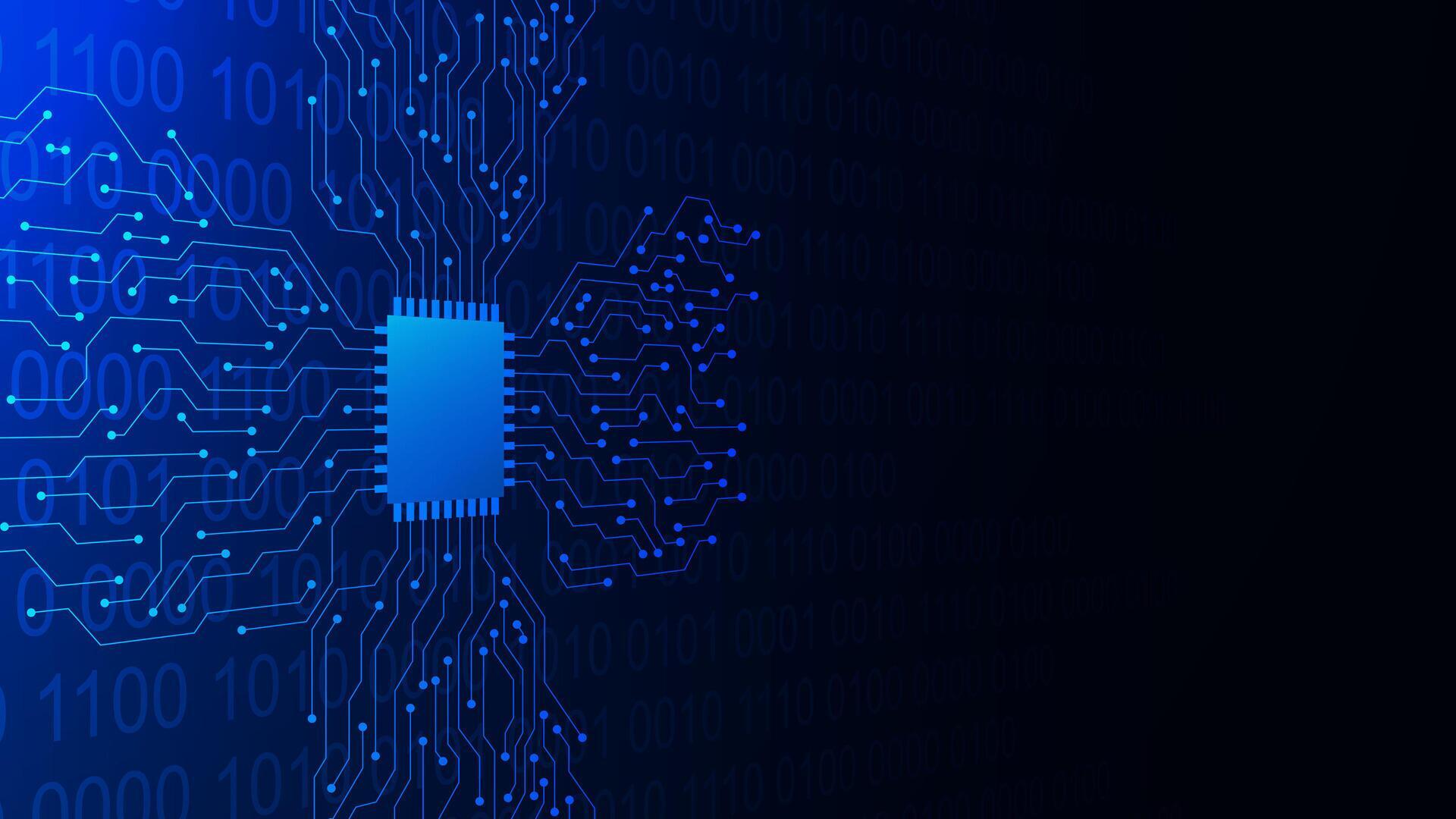 Microchip with circuit board and binary code. Quantum computer ...