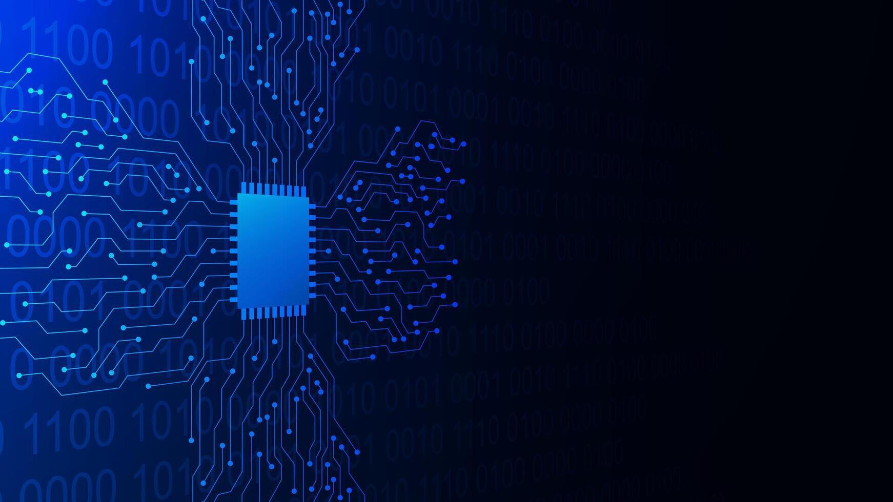 Microchip with circuit board and binary code. Quantum computer, database, large data processing and central computer processor concept vector