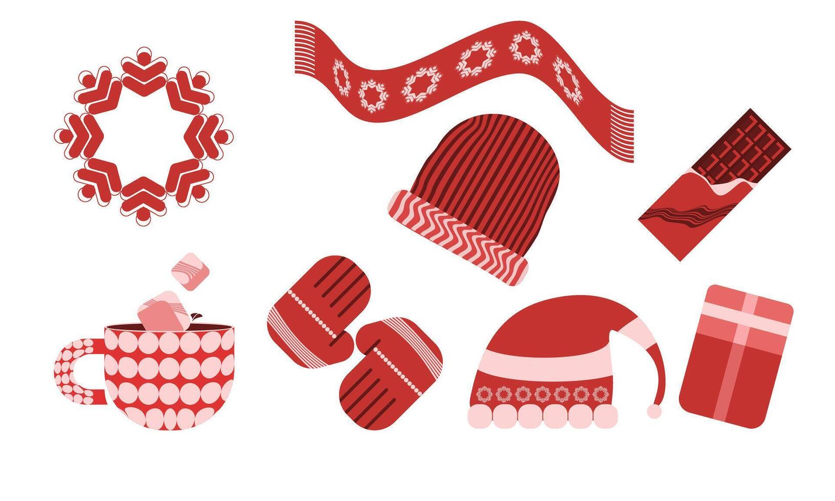 a set of red winter accessories including hats, scarves, and mugs vector
