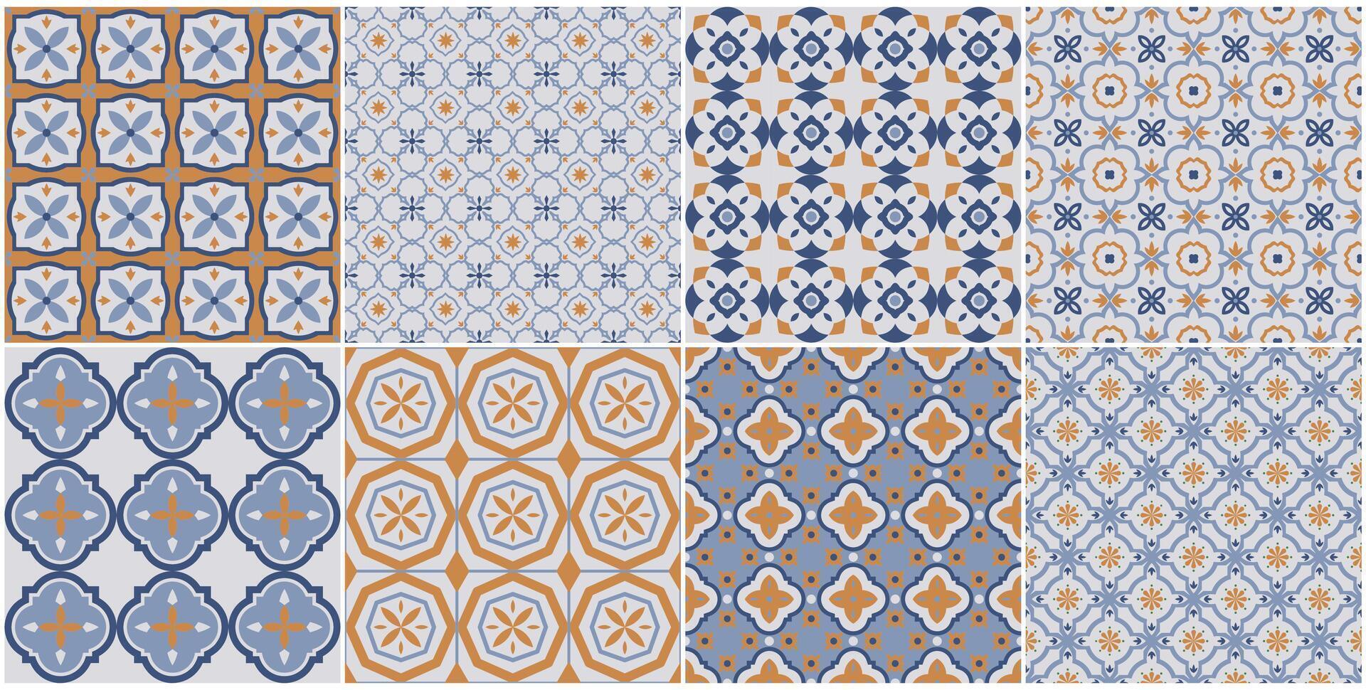Collection of seamless geometric mosaic patterns - trendy color tile textures. Decorative bright ornamental backgrounds. repeatable prints vector