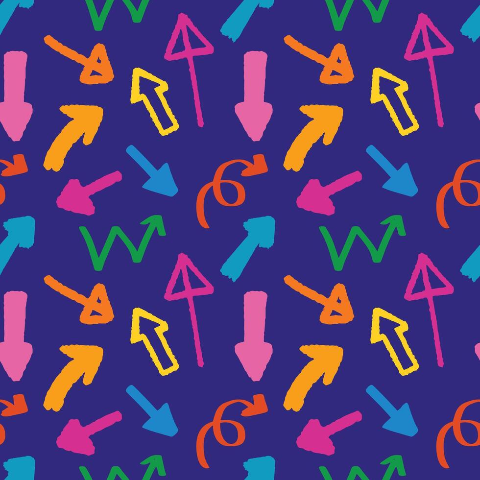 Colourful arrow and direction doodle hand drawn with different stroke and shapes seamless pattern background for wrapping and wallpaper vector