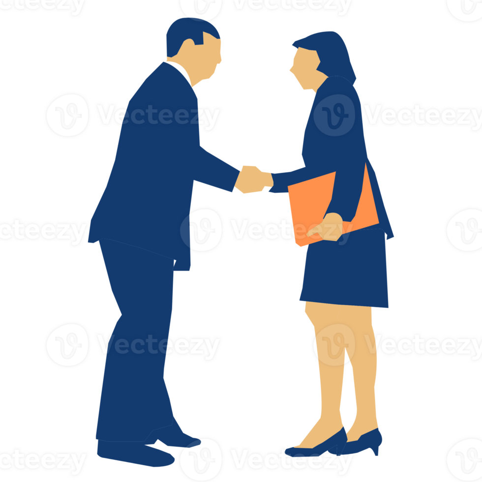 A man and woman shaking hands in a business suit png