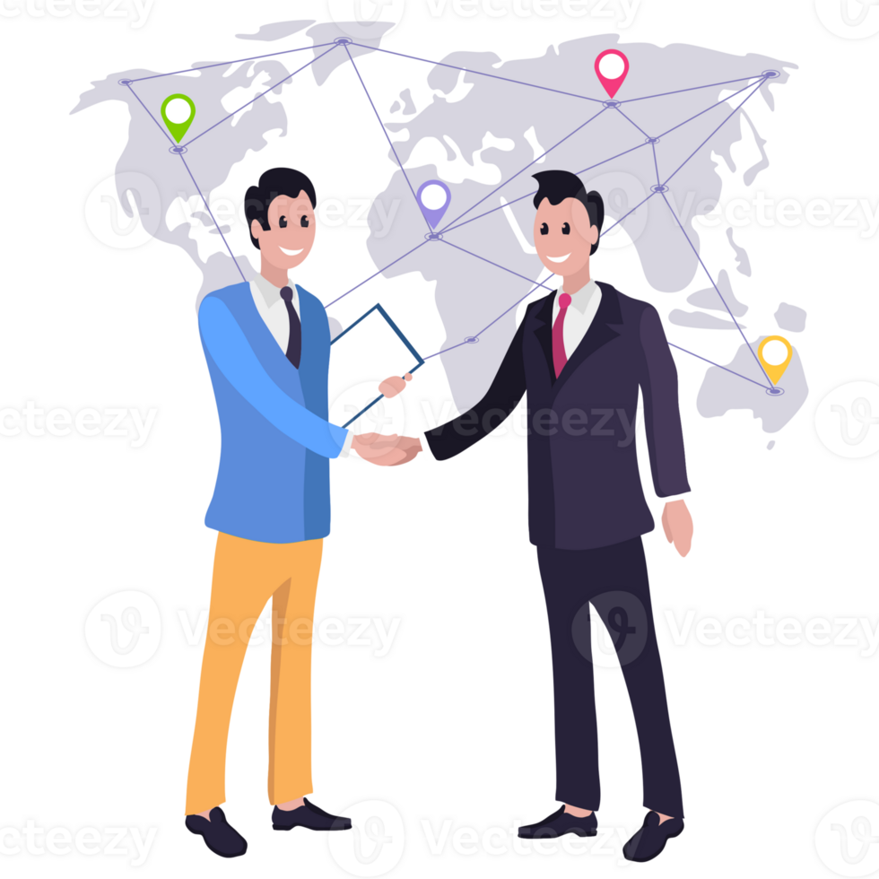 Two businessmen shaking hands with a globe in the background png