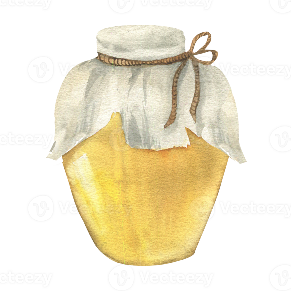 Honey glass jar with white cap and string watercolor illustration. Hand drawn eco food element, traditional organic ingredient in pot for medicine product packing, logo design. Yellow, golden jam png