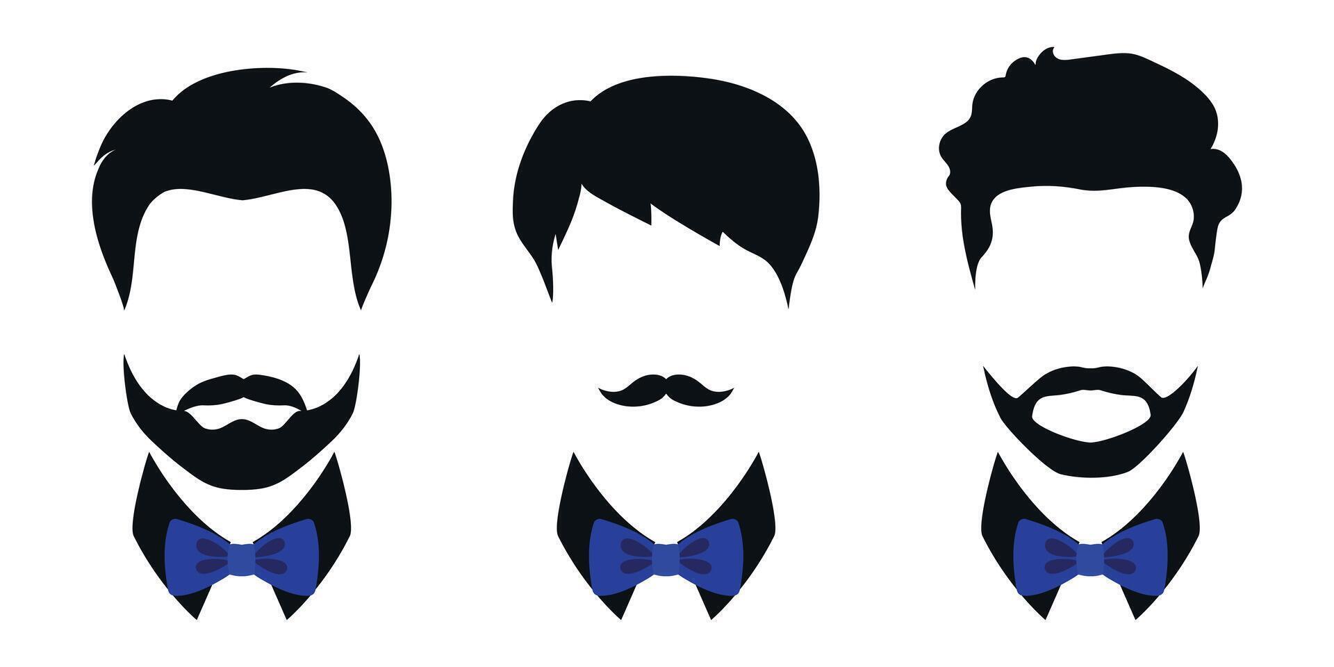 Abstract men in bow ties. Men hairstyles set decorated with blue bow tie. Gentlemen vector