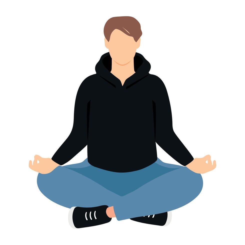 Faceless man in casual clothes sitting in lotus pose. Abstract meditating male. Boy doing yoga vector